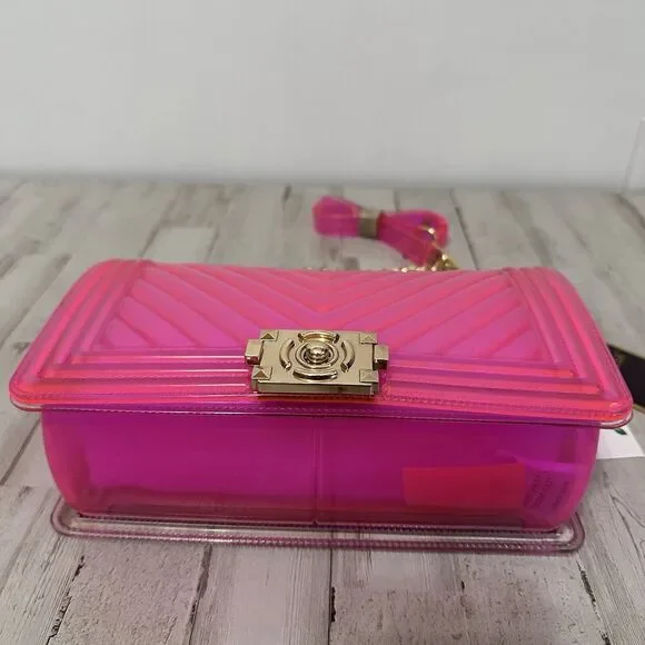 Hot Pink Jelly Purse Chain Strap Barbiecore Party Y2K Fun Boutique Bag NEW - Picture 3 of 9
